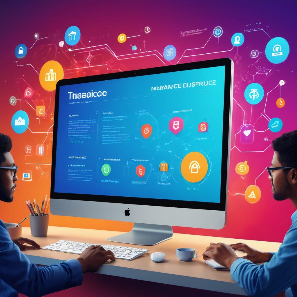 A futuristic digital landscape showcasing a user-friendly online insurance platform on a sleek computer screen, surrounded by vibrant icons representing various insurance policies. In the background, diverse people are engaging in virtual discussions about policies, highlighting global access and community. Bright, modern colors with a techy vibe to convey innovation. super-realistic. vibrant colors. 3D.