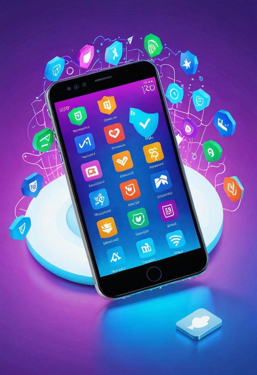 A smartphone displaying various digital insurance icons like shields, checkmarks, and dollar signs, surrounded by a modern, secure digital environment with a sleek, glowing user interface. A diverse group of people happily interacting with the app, conveying a sense of accessibility and security in the digital age. The background should be vibrant and tech-inspired, symbolizing innovation and trust. super-realistic. vibrant colors. 3D.