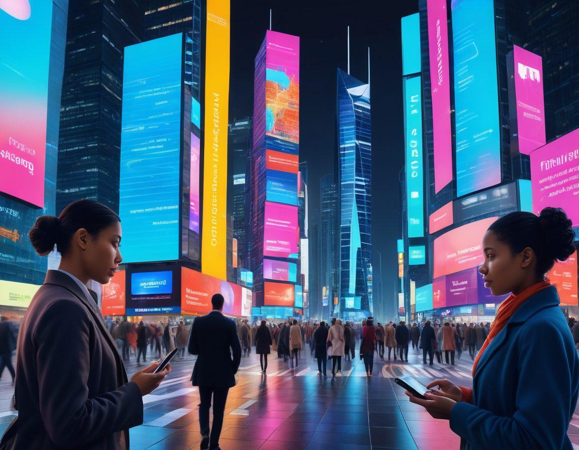A futuristic city skyline with digital billboards showcasing insurance apps, a diverse group of people using smartphones and tablets to file claims, holographic interfaces revealing data, and an abstract representation of technology intertwining with traditional insurance elements. vibrant colors. super-realistic.